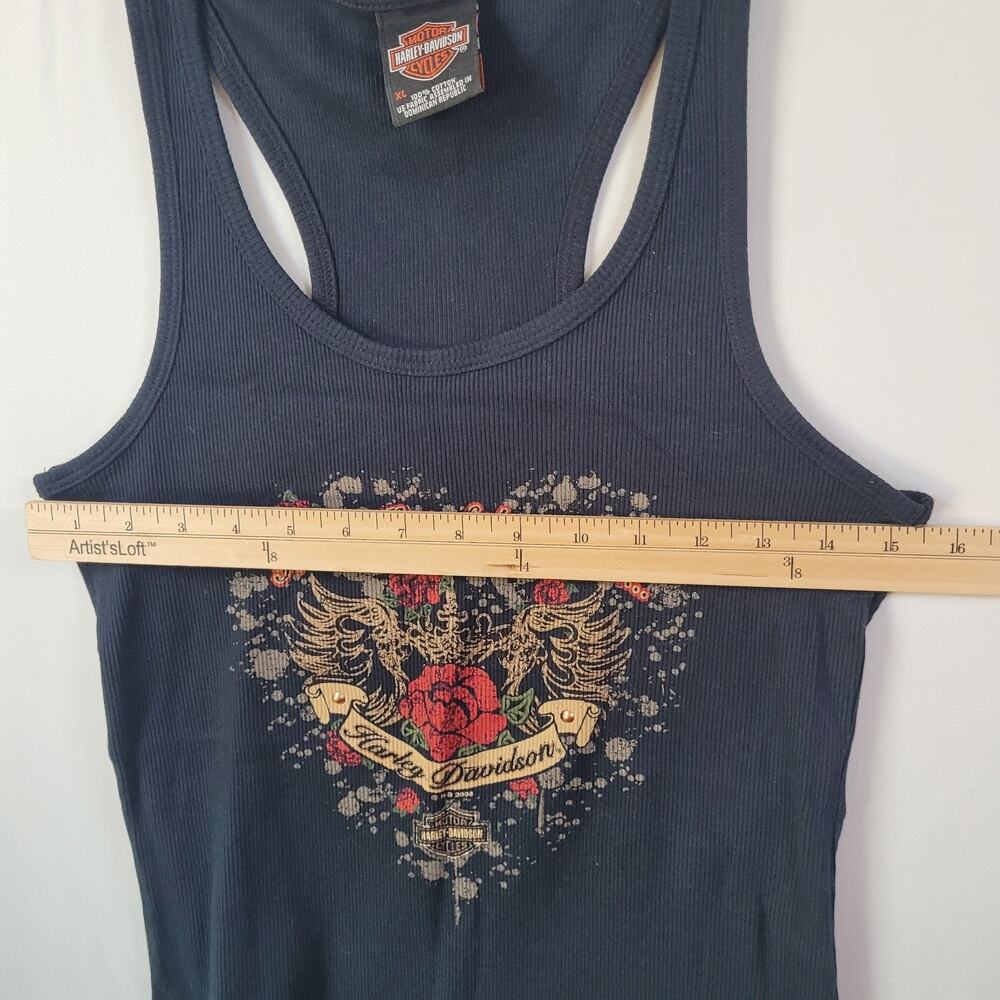 Harley Davidson Womens XL Ribbed Tank Top 2008 Rose Wings Biker Graphic Y2K - Picture 9 of 10